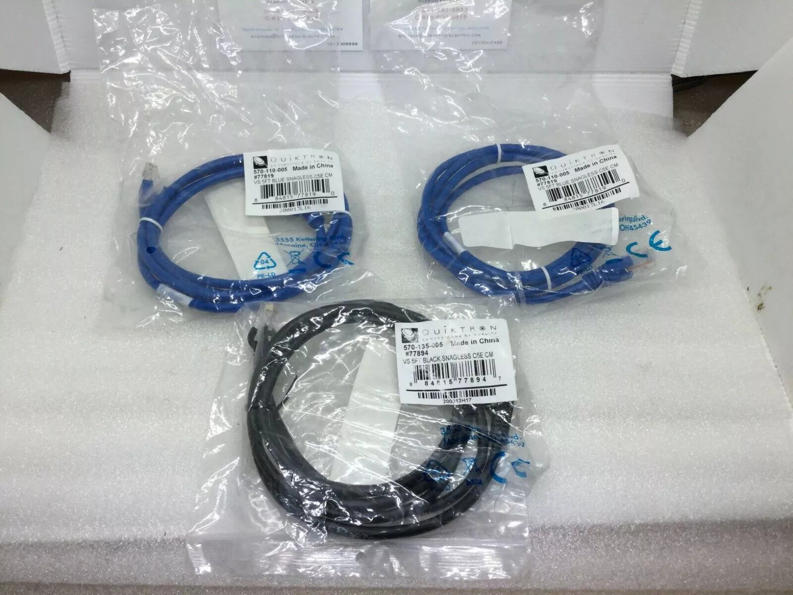 (3) 6ft Network Patch Cord Cat5e Stranded Snagless Black And Blue