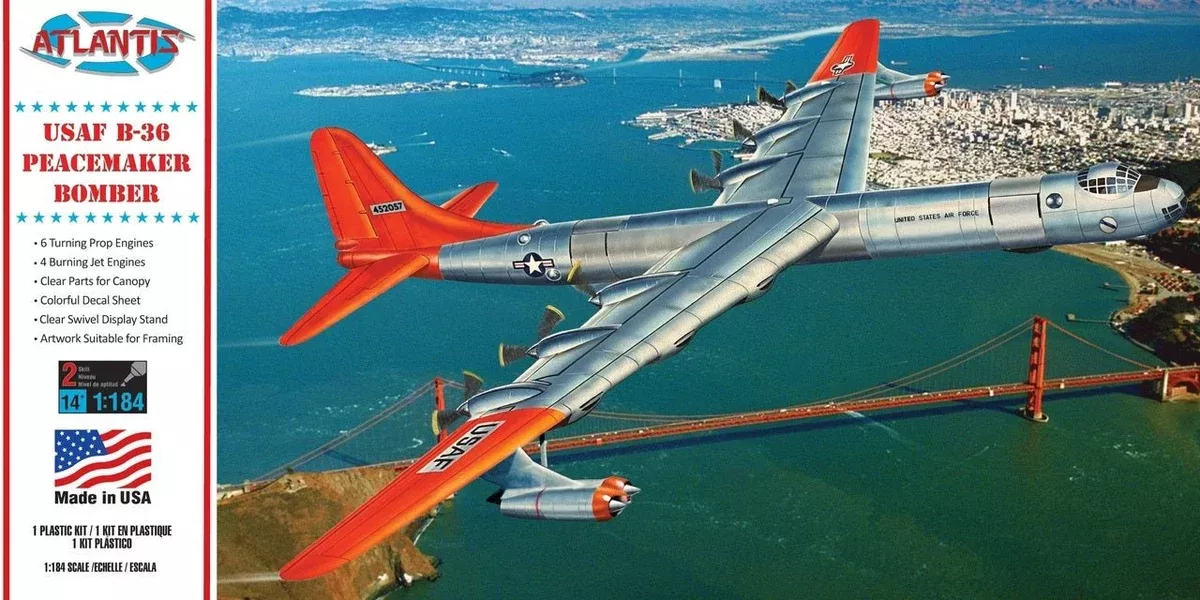 Atlantis Models - 1/184 B-36 Peacemaker Plastic Model Airplane Kit with Swivel Stand